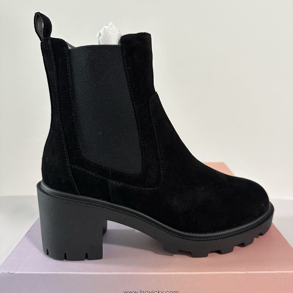 Lisa Vicky Jolt-V‎ Black Tumbled Lea Womens 7.5M Chelsea Chunky Heel Boot NEW